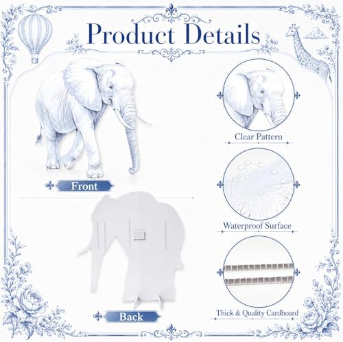 3Pcs Blue Toile de Jouy Safari Baby Shower Decorations, Large Elephant Giraffe Hot Air Balloon Cardboard Cutouts, Corrugated Plastic Jungle Animal Standees for Boy Gender Reveal Nursery Decor - Image 3