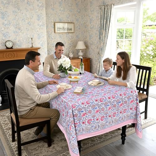 Ridhi Pigeon Blue Block Print Cotton Rectangle Table Cloth, 52x70 inch - Image 4