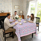 Ridhi Blue Pink Hand Block Print Cotton Tablecloth 190 x 72 Inch Rectangle - Image 3