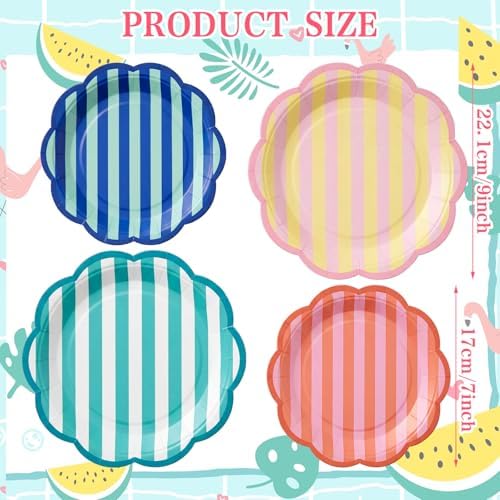 Domensi 60 Pcs Pastel Paper Plates for Party, Scalloped,Stripe,4 Color - Image 3