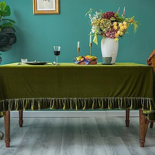 GLORY SEASON Velvet Tablecloth Luxurious Solid Rectangle Table Cloth,Oblong Retro Farmhouse Ruffle Tablecloths Washable Table Cover for Party Olive Green,52x70 Inches - Image 4