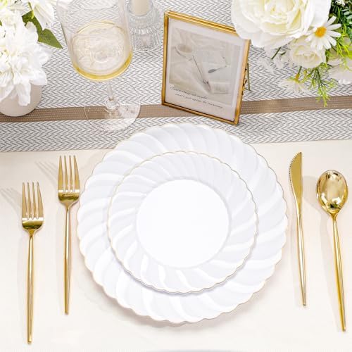 U-QE 60 Pcs White Plastic Plates with Gold Rim – Fancy Scalloped Plates - Image 4