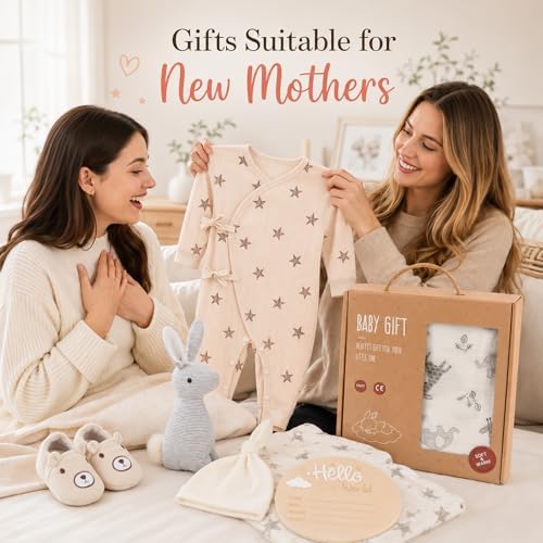 Golray Baby Gift Set for Newborn Boys & Girls, 8 Piece Basket with Cotton Wrap Footed Onesie, Muslin Swaddle Blanket, Bib, Hat, Baby Shoes, Plush Bunny, Milestone Card & Gift Box - Image 3