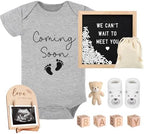 9 Pcs Pregnancy Announcements Set, Include Felt Letter Board Baby Bodysuit Shoes and Wooden Sign Surprise Announcement for Grandparents Partner Gift Family Reveal(Grey Coming soon-white shoe) by SytuHete