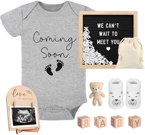 9 Pcs Pregnancy Announcements Set, Include Felt Letter Board Baby Bodysuit Shoes and Wooden Sign Surprise Announcement for Grandparents Partner Gift Family Reveal(Grey Coming soon-white shoe) by SytuHete