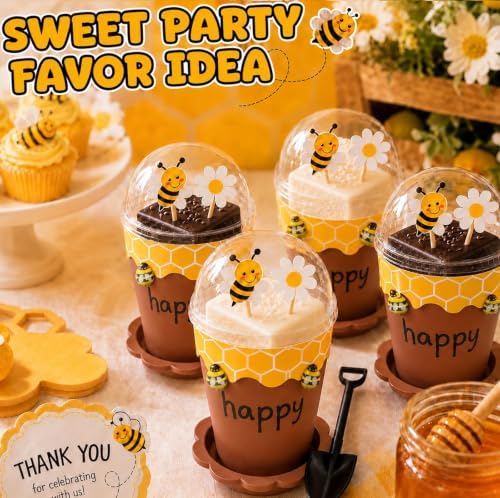 50Sets Bee Honey Jars Party Favors Bulk, Mini Plastic Bee Theme Honey Jar Pots Decoration with Spoon, Trays, 3D Stickers, And Markers for DIY Cupcake Dessert Baby Shower Wedding Party Gift Set - Image 5