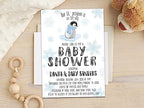 Little Penguin Baby Shower Invitations Blue Snowflake Boy Winter Cold Outside with Envelopes, personalized - Image 2
