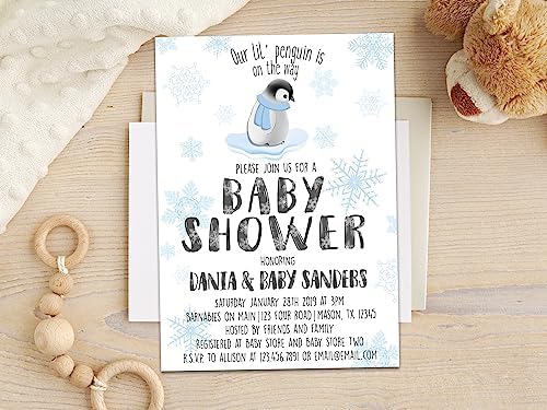 Little Penguin Baby Shower Invitations Blue Snowflake Boy Winter Cold Outside with Envelopes, personalized - Image 2
