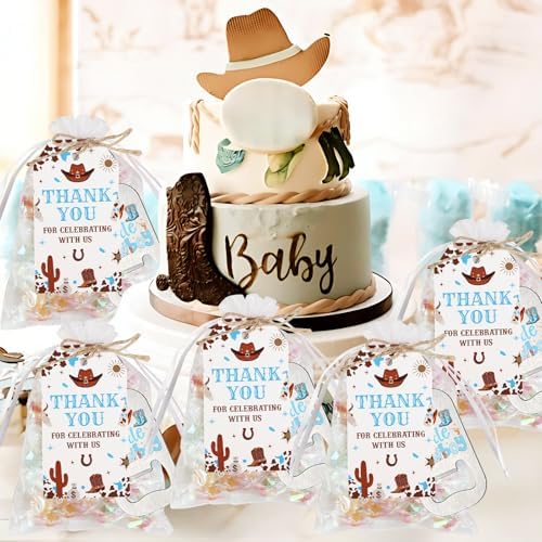 24 Sets Cowboy Bottle Openers Baby Shower Party Favors, Little Cowboy Bottle Openers Keychains Thank You Tags Organza Bags for Western Cowboy Last Rodeo Baby Shower Favors Guest Gifts - Image 3