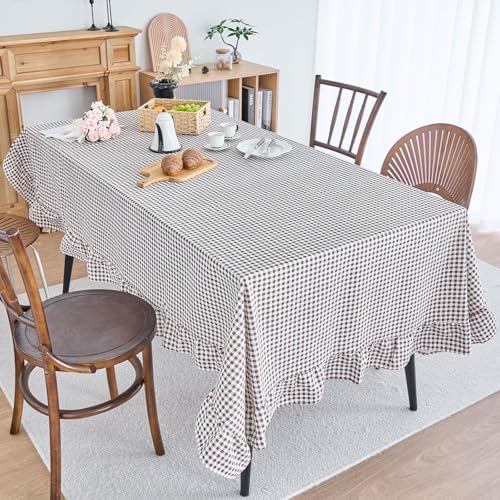 vctops Farmhouse Coffee Plaid Ruffle Table Cloth, Boho Cotton Linen Tablecloth, Washable Table Cover for Rectangle Table Baby Shower Kitchen Party Wedding Decor (Coffee,55"x86") - Image 2