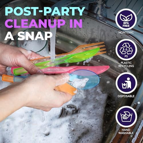Party Essentials Disposable Plastic Glow-in-the-Dark Party Supplies Dinnerware Decorations, Plate/Cup/Cutlery/Tablecover, 193 Pcs, Assorted Neon - Image 4