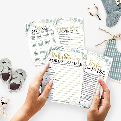 Hadley Designs 25 Greenery Word Scramble For Baby Shower, 25 True Or False Game, 25 Baby Animal Matching, 25 Nursery Rhyme Game - 4 Double Sided Cards Baby Shower Ideas, Baby Shower Party Supplies - Image 2