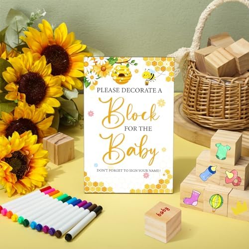 Tenceur 104 Pcs Baby Shower Game Sign Set Baby Shower Blocks to Decorate 54 DIY Blank Wooden Block 48 Watercolor Markers with Acrylic Box Set for Games Gender Reveals Party Supplies(Bee) - Image 6