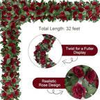 Aneco 4 Pack 32 FT Burgundy Flower Garland Artificial Rose Vines Roses Fake Vine Flowers Plants Party Supplies for Holiday Wedding Garden Craft Art Decoration - Image 3