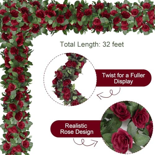 Aneco 4 Pack 32 FT Burgundy Flower Garland Artificial Rose Vines Roses Fake Vine Flowers Plants Party Supplies for Holiday Wedding Garden Craft Art Decoration - Image 3