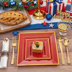 Liacere 100PCS Red and Gold Square Plastic Plates-50PCS Heavy Duty 9.5inch Disposable Dinner Plates and 50PCS 6inch Red Dessert Plate - Gold Plastic Plate for Party & Independence Day - Image 5