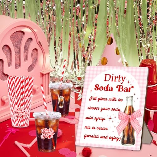 50 Pcs She's Ready to Pop Theme Baby Shower Disposable Plastic Cups with Straws, 12 oz, with Bar Sign, Soda Theme, Gender Reveal, Weddings, Bachelorette Party Supplies (Pink) - Image 5