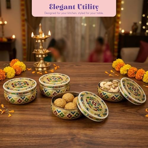 LOVENSPIRE Meenakari Stainless Steel Storage Box with Lid (250gm) Decorative Round Indian Food Container for Sweets, Kitchen Items & Return Gift Favors Pack of 20 - Image 3