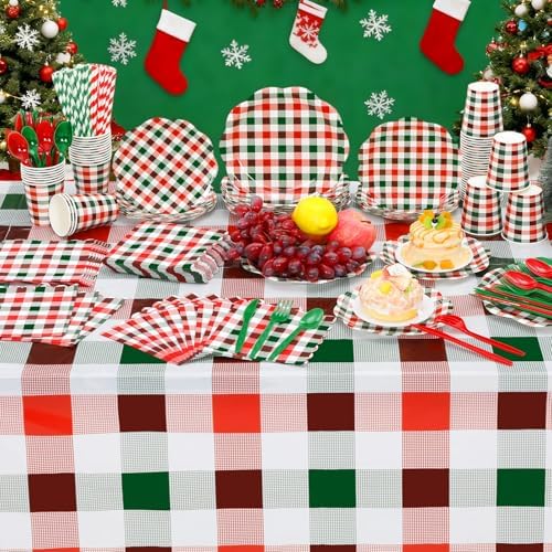 Funnymoom 452 Pcs Red and Green Christmas Buffalo Plaid Party Supplies for 50, Scalloped Christmas Gingham Plaid Paper Plates Napkins Cups Tablecloth Cutlery Straws for Rustic Holiday Party Decoration - Image 6