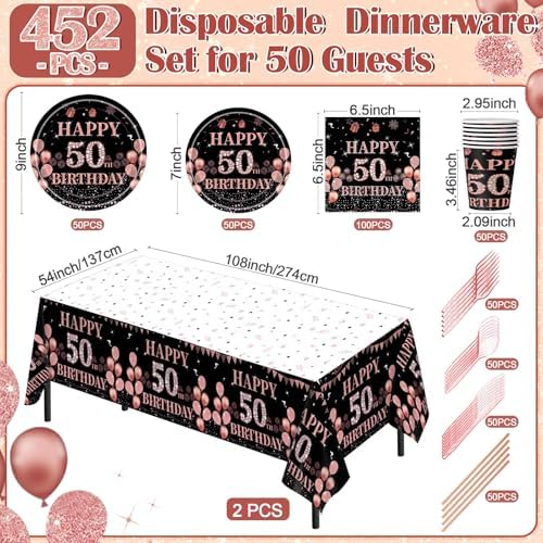 Funnymoom 452 Pcs 50th Birthday Decorations for Women Black and Rose Gold 50th Birthday Paper Plates Cups Napkins Tablecloth Cutlery Straws for Girls Women 50 Year Old Party Supplies for 50 Guests - Image 3