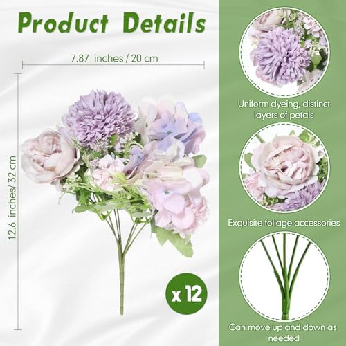 Tigeen 12 Bundles Artificial Flowers Bouquet Silk Peonies, Light Purple - Image 2