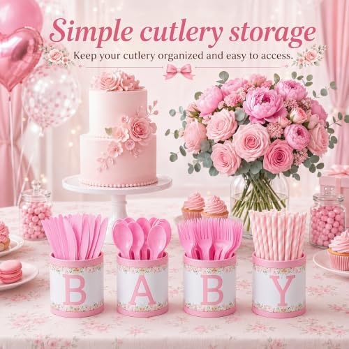Domensi 204 Pcs Baby Shower Disposable Cutlery Set Utensil Holders, Pink - Image 4
