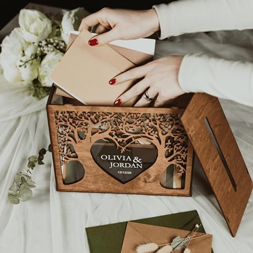 2B1WEDDING Wooden Personalized Wedding Card Box - Customizable Rustic Wedding Box for Cards and Money Elegant with Tree Design - Card Holder for Bridal Shower, Birthday Gift - Image 3