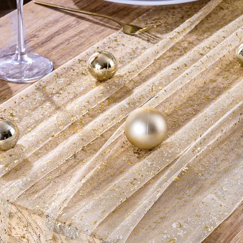 12PC Gold Gauze Table Runner 120 Inch 10FT Dining Wedding Baby Shower Holiday Birthday Sparkly Sheer Tulle Table Décor - Image 3