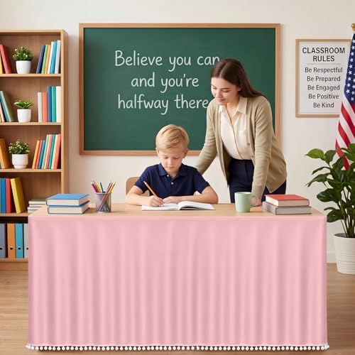 Tudomro Teacher Desk Skirt Table, Tassel, 6ft, Pink - Image 2