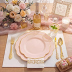 NOCCUR 175PCS Pink Plates with Gold Disposable Silverware - Include 50 Pink Plastic Plates,25 Knives,25 Forks,25 Spoons,25 Cups and 25 Napkins - Ideal for Party/Wedding/Banquet/Baby Shower - Image 4