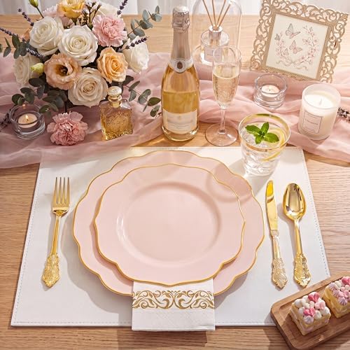NOCCUR 175PCS Pink Plates with Gold Disposable Silverware - Include 50 Pink Plastic Plates,25 Knives,25 Forks,25 Spoons,25 Cups and 25 Napkins - Ideal for Party/Wedding/Banquet/Baby Shower (Pack of 2) - Image 4