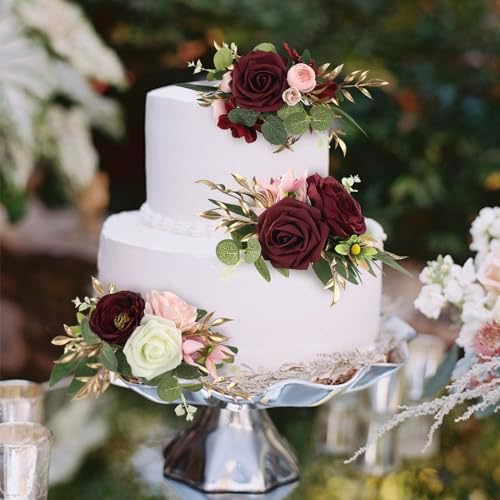 Rinlong 3Pcs Premade Cake Flowers, Burgundy Wedding Cake Decor - Image 2