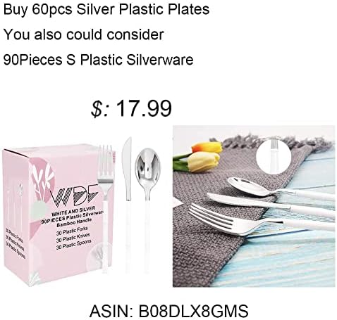 WDF 60pcs Silver Plastic Plates-Baroque White &Silver Plates for Upscale Parties &Wedding-including 30Plastic Dinner Plate 10.25inch, 30 Salad Plate 7.5inch for Baby/Shower/Wedding/Independence Day - Image 6