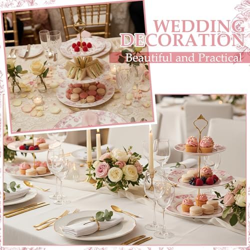 Lallisa Pink Floral 3 Tier Dessert Stand 10", 9" and 7" Ceramic Vintage Chinoiserie Tea Party Tiered Tray Cupcake Stand Display Holder Tower for Wedding Baby Shower Bridal Shower Tea Party - Image 4