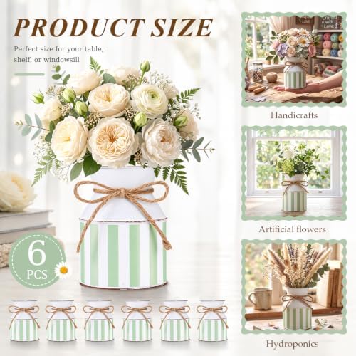 Domensi 6 Pcs Farmhouse Metal Flower Vase, Green Striped Table Centerpiece - Image 2