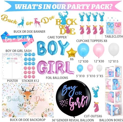 Hombae Buck or Doe Gender Reveal Decorations, 169 PCs Boy or Girl Gender Reveal Decorations Backdrop Balloon Garland Banner Tablecloth Cake Cupcake Topper Box Cutout Poster Sash Blue Pink - Image 2
