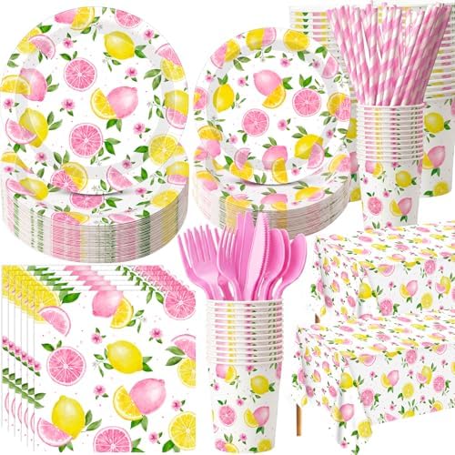 LemonRoad 452 Pcs Pink Lemon Party Supplies for 50, Pink and Yellow by Unknown