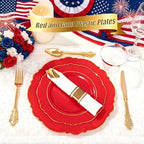 Liacere 175PCS Red Plastic Plates - Red Disposable Plates With Gold Rim -25Guest Baroque Plastic Dinnerware include 50Plates-25Pack Pre Rolled Napkins with Silverware 25Cups for Independence Day - Image 5