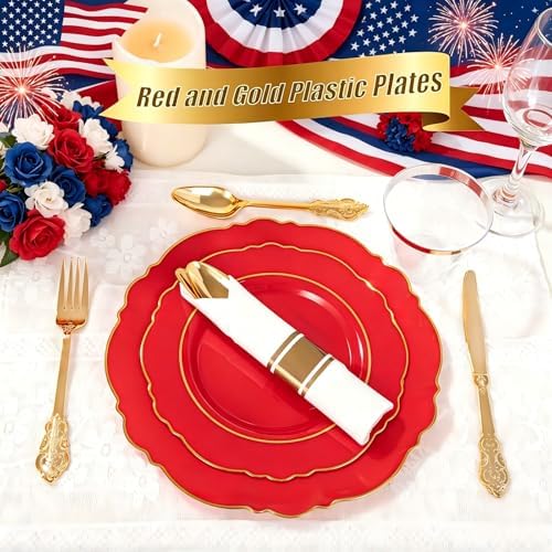 Liacere 350PCS Red Plastic Plates - Red Disposable Plates With Gold Rim - 50Guest Baroque Plastic Dinnerware include 100Plates-50Pack Pre Rolled Napkins with Silverware 50Cups for Independence Day - Image 4