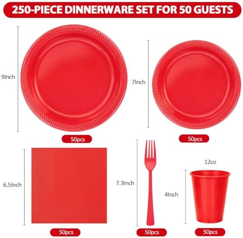 250Pcs Red Plastic Party Plates and Napkins Set for Birthday, Christmas - Image 2