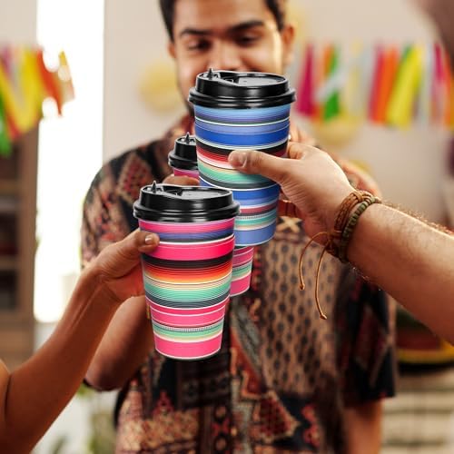 Whaline 50 Sets Mexican Serape Fiesta Disposable Coffee Cups with Lids and Sleeves Mexican Carnival Themed Rainbow Colors Striped Paper Drinking Cups for Cinco De Mayo Birthday Party Supplies - Image 5