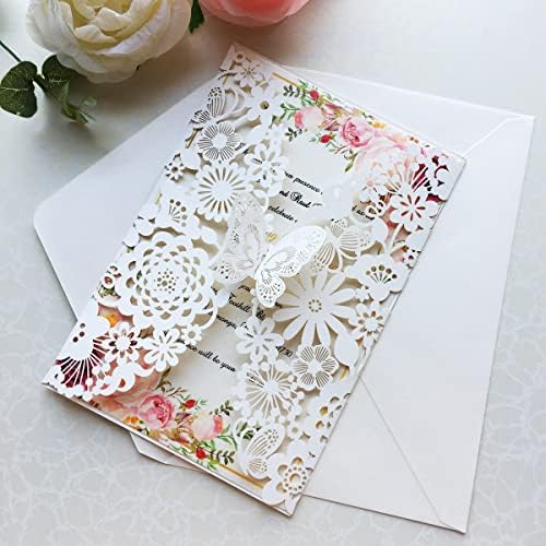 Hosmsua 50PCS 5.12 x 7.3 Ivory Laser Cut Lace Flora Wedding Invitation Cards with Butterfly and Envelopes for Bridal Shower Engagement Quinceañera Sweet 16 Birthday Wedding invite (Ivory) - Image 4