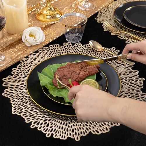 WDF 150PCS Black Plastic Plates - Black and Gold Plates Disposable - 25 Guest Disposable Dinnerware Sets for Party/Wedding/Halloween - Image 4