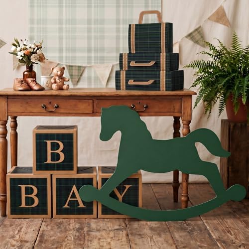 ReliThick 8 Pcs Green Tartan Baby Shower Decor Kit with 3 Pack Suitcase Boxes 4 Pack Baby Letter Boxes Rocking Horse Card Vintage Green Plaid Party Supplies for Birthday Party Decor by ReliThick