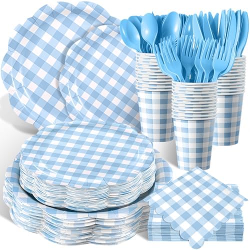 Funnymoom 400 Pcs Gingham Party Supplies for 50 Guests Light Blue and White Paper Plates and Napkins Knives Spoon Fork Cup Disposable Checkered Dinner Party Set Cutlery for Baby Shower Wedding Favor by Funnymoom
