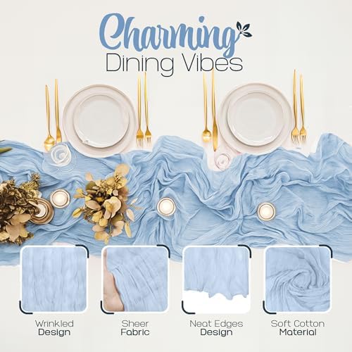 12 Pack Dusty Blue Cheesecloth Table Runners 10FT Long – 35 x 120 Inch Boho Gauze Table Runners for Engagement, Wedding, Baby Shower & Home Decor – Soft Wrinkled Polyester Fabric - Image 3