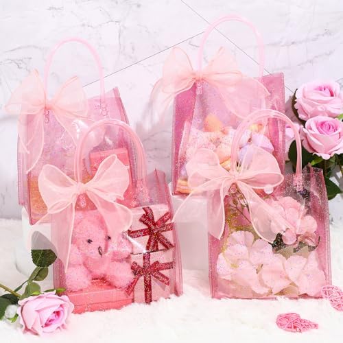 Sayglossy 24 Pcs Clear Pink Gift Bags with Handles 6.1 x 5.9 x 2.8 Inch Wedding Transparent Glitter Tote with Ribbons Reusable PVC Gift Wrap Bags for Baby Bridal Shower Birthday Party - Image 3
