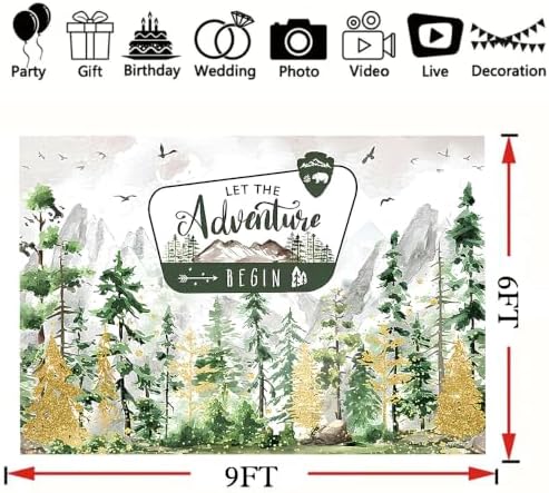 Watercolor Gold Glitter Let The Adventure Begin Backdrop Mountain Pine Tree Wilderness Background Bear Badge Woodland Adventure Baby Shower 1st Birthday Party Photography Booth Banner，A：9X6FT - Image 7