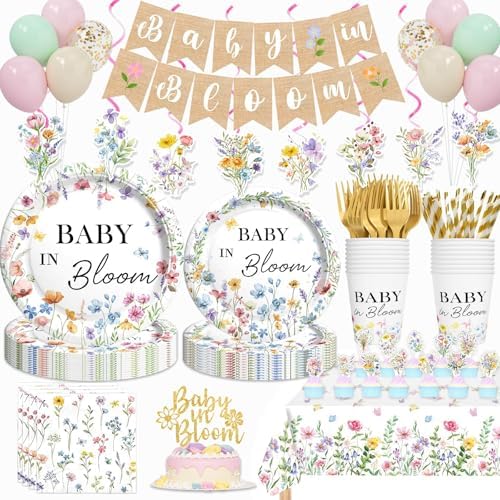 Hombae Baby in Bloom Baby Shower Decorations, 194PCs Spring Wildflower Party Supplies Wild Flower Tableware with Balloons Floral Banner Plates Napkins Forks Straws Service 24 by Hombae