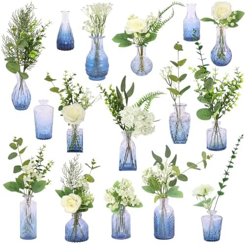 WARMALL Artificial Flowers with Vases, 16 Pcs Blue Bud Vases, & 81 Pcs Artificial Plants DIY Set Suitable for Centerpieces Table Weddings Party Office and Indoor Decor Mini Small Glass Clear by Unknown